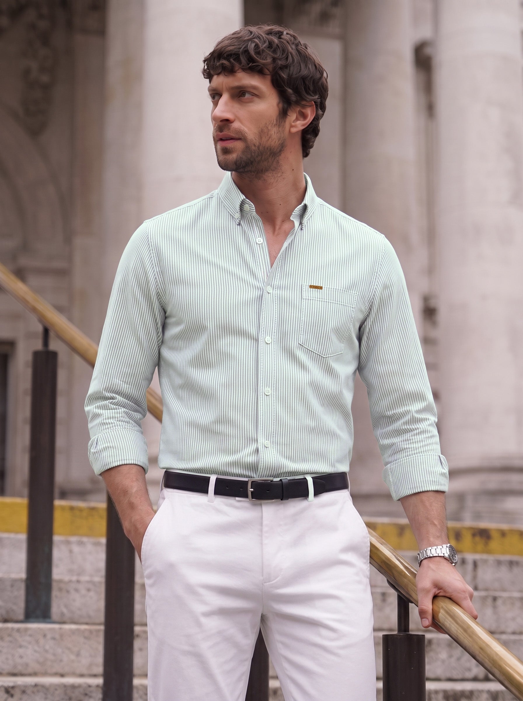 Men's Green Slim Fit Striped Casual Shirt