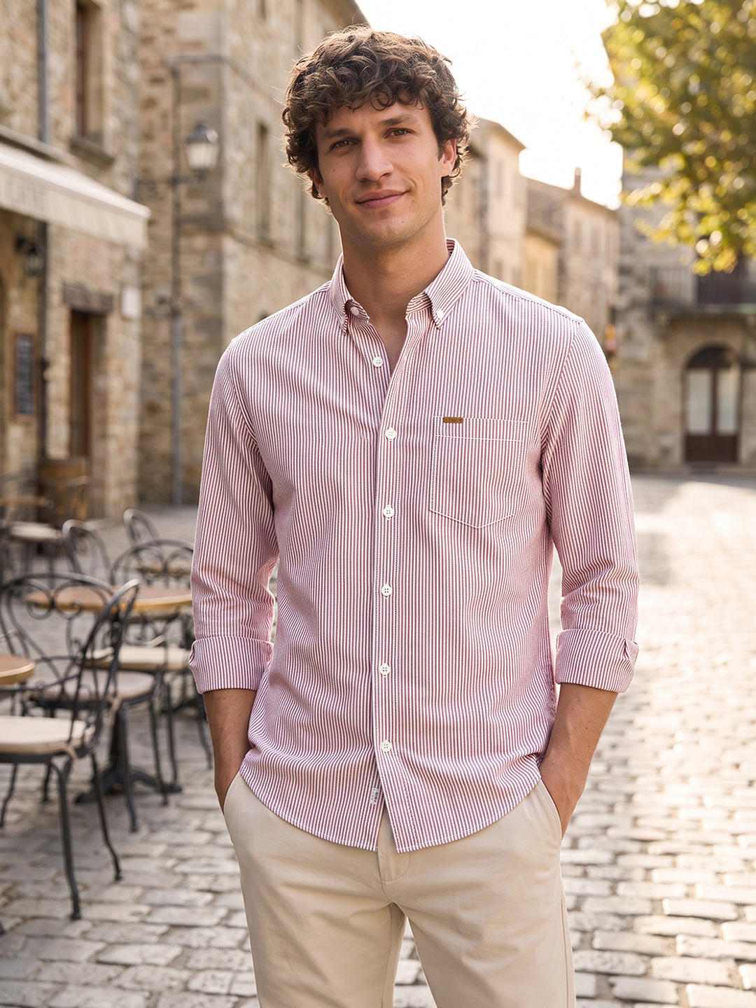Men's Red Slim Fit Striped Casual Shirt