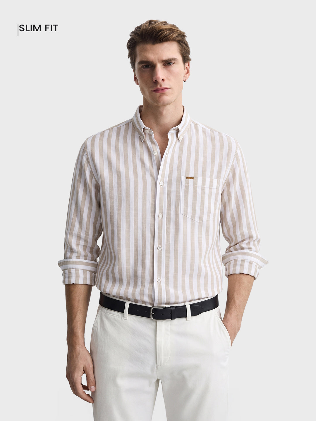Men's Beige Slim Fit Striped Casual Shirt