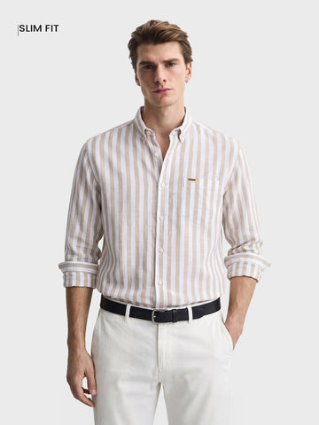 Men's Beige Slim Fit Striped Casual Shirt