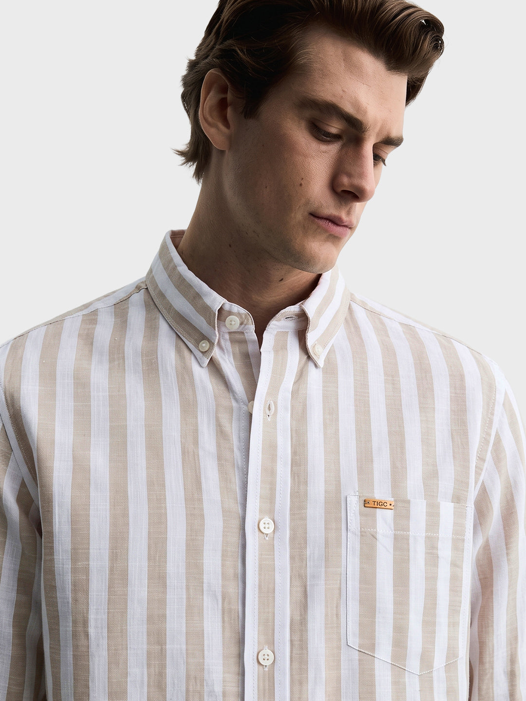 Men's Beige Slim Fit Striped Casual Shirt