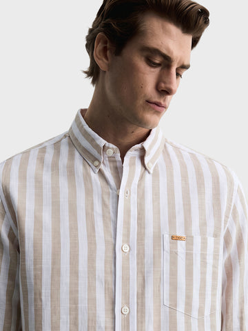 Men's Beige Slim Fit Striped Casual Shirt