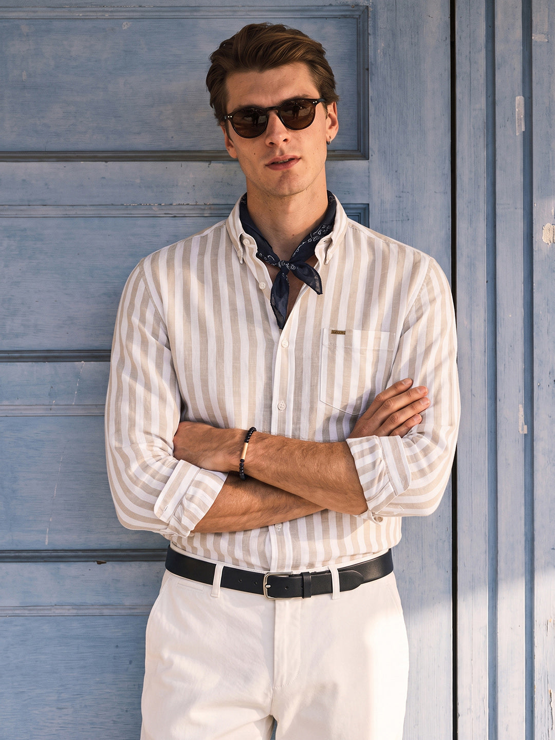 Men's Beige Slim Fit Striped Casual Shirt