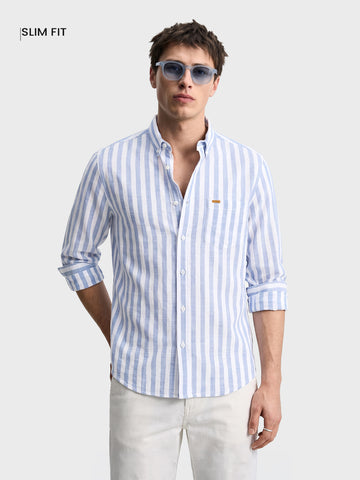 Men's Blue Slim Fit Striped Casual Shirt