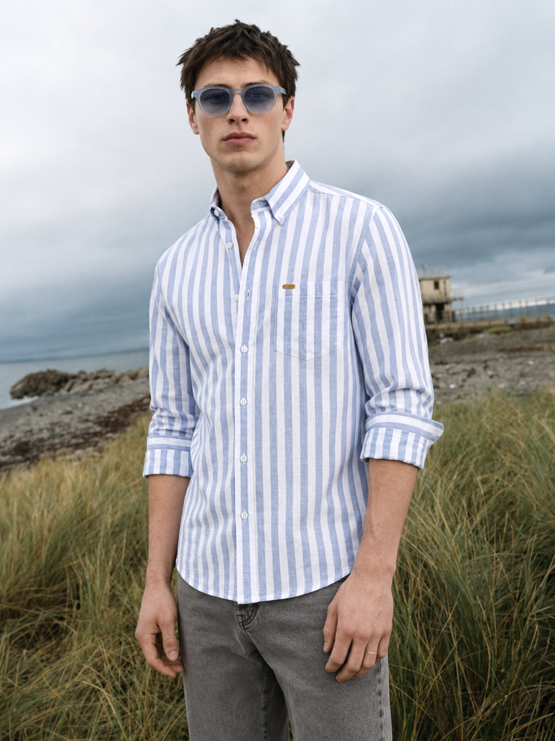 Men's Blue Slim Fit Striped Casual Shirt
