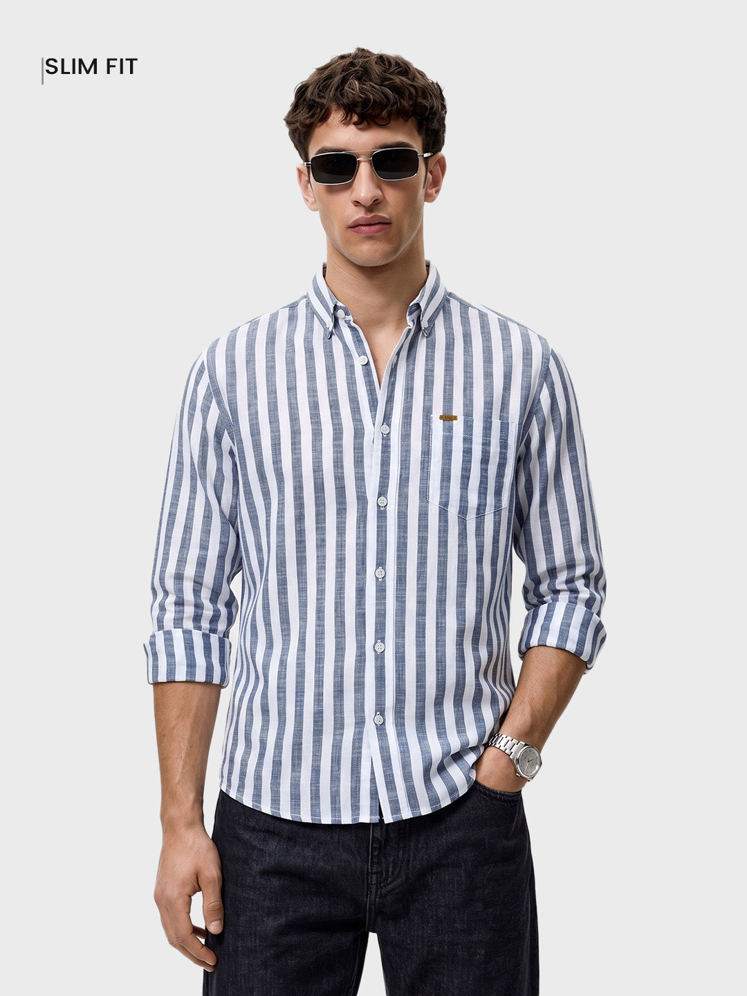 Men's Navy Blue Slim Fit Striped Casual Shirt