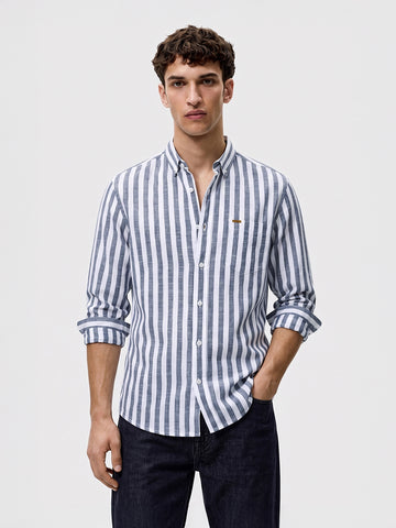 Men's Navy Blue Slim Fit Striped Casual Shirt