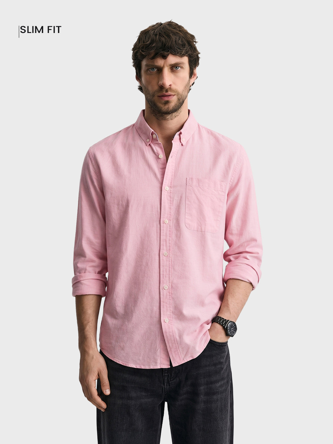 Men's Peach Slim Fit Solid Casual Shirt