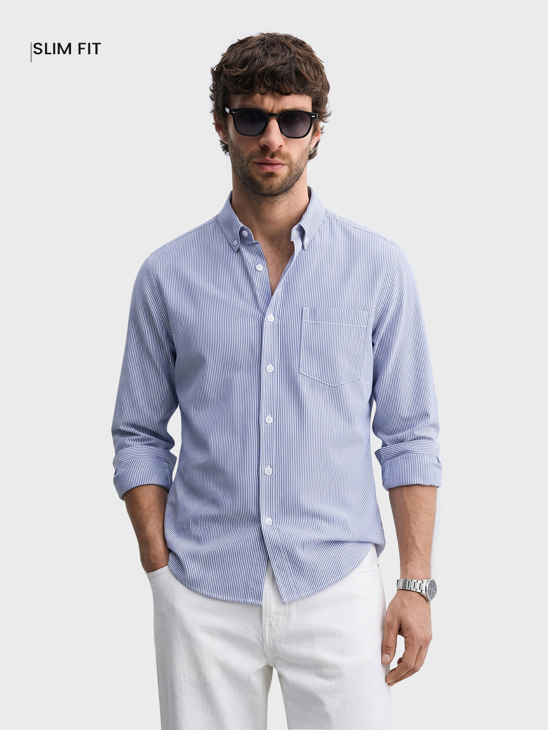Men's Blue Slim Fit Striped Casual Shirt