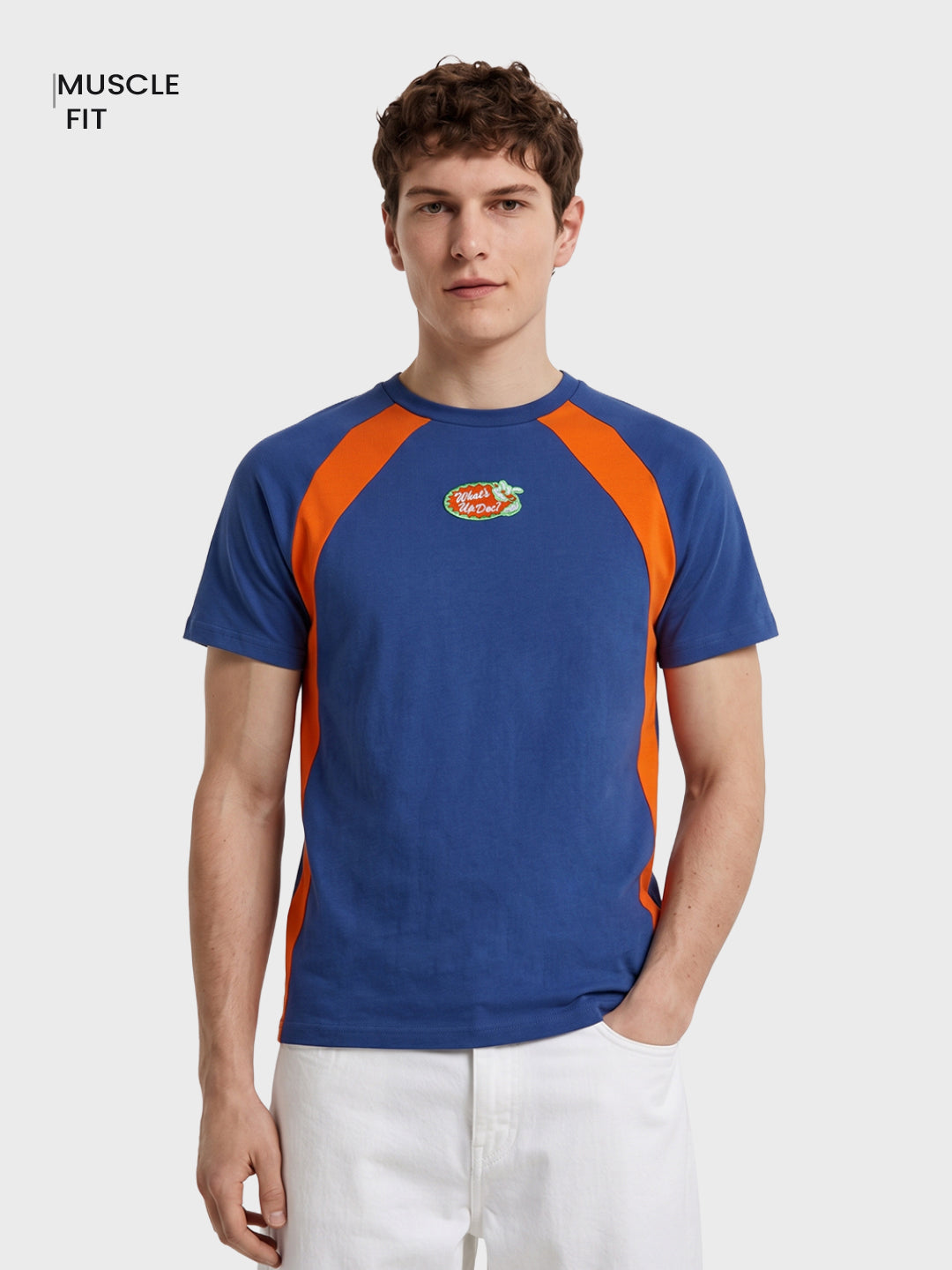 Men's Navy Blue Regular Fit Colourblocked Casual T-Shirt
