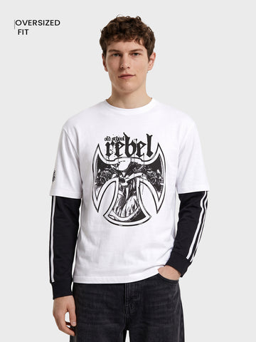 Men's White Oversized Fit Printed Casual T-Shirt