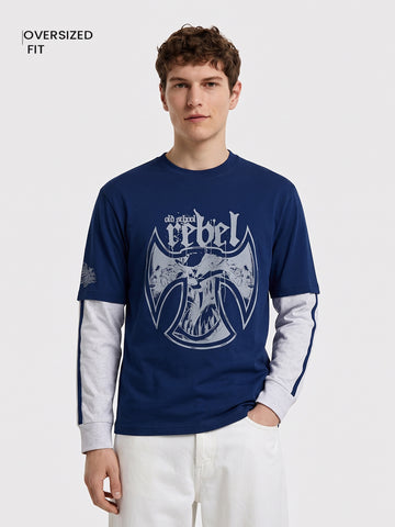 Men's Navy Oversized Fit Character Printed T-Shirt