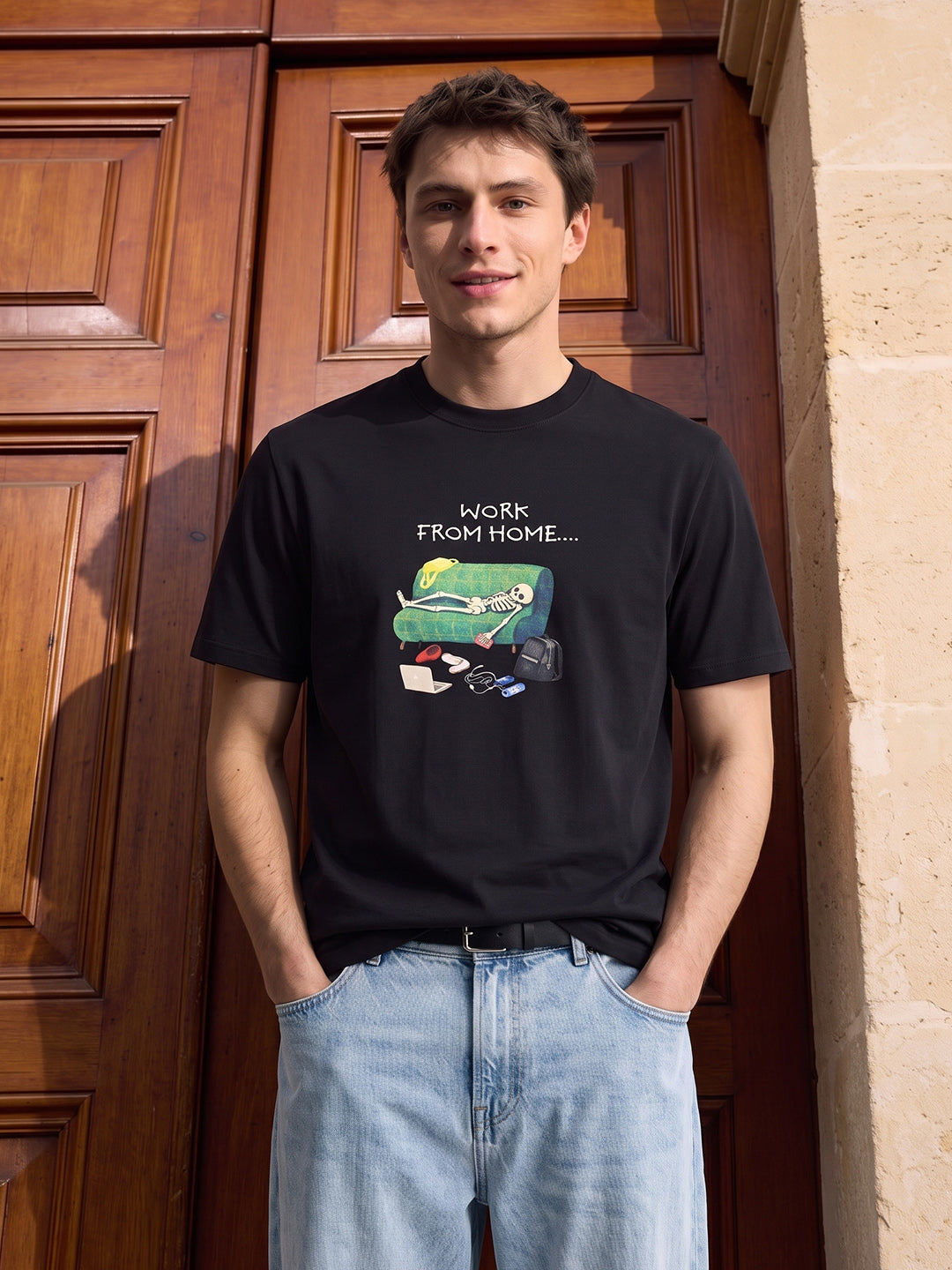 Men's Black Regular Fit Graphic Printed Casual T-Shirt