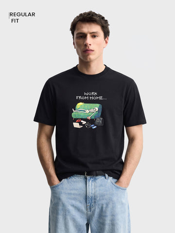 Men's Black Regular Fit Printed Casual T-Shirt