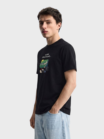 Men's Black Regular Fit Printed Casual T-Shirt