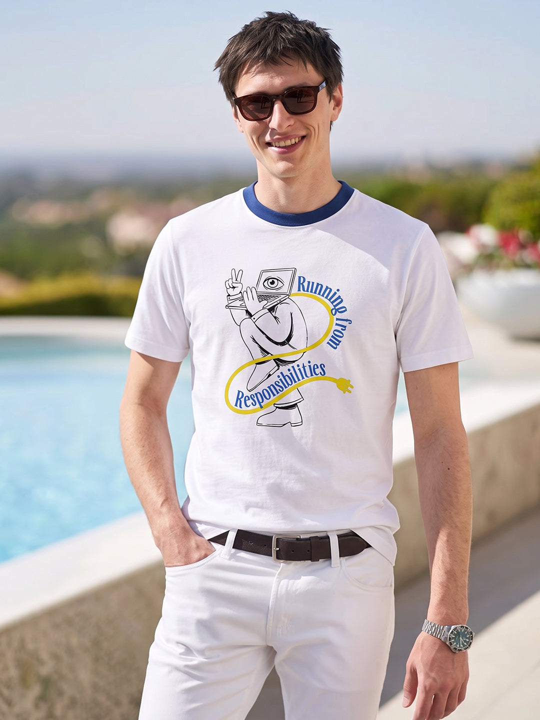 Men's White Regular Fit  Graphic Printed Casual T-Shirt