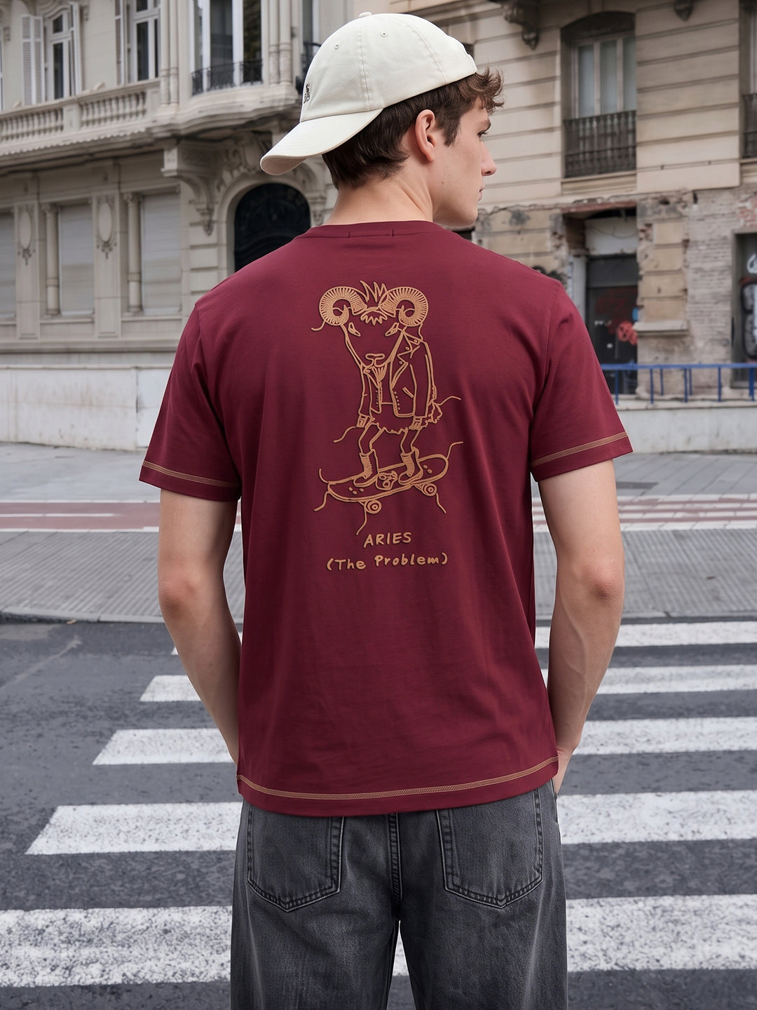 Men's Maroon Regular Fit Graphic Printed Casual T-Shirt