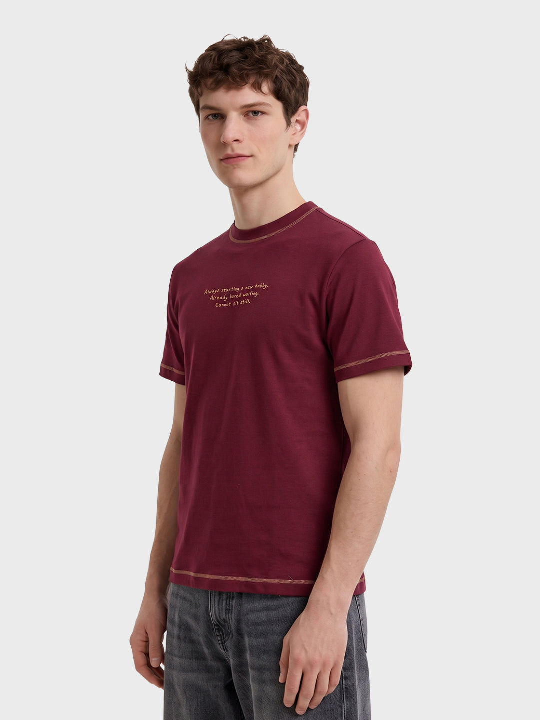 Men's Maroon Regular Fit Graphic Printed Casual T-Shirt