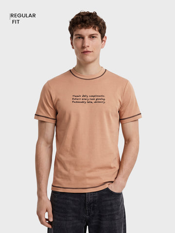 Men's Beige Regular Fit Printed Casual T-Shirt