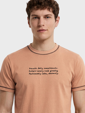 Men's Beige Regular Fit Printed Casual T-Shirt