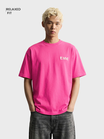 Men's Pink Relaxed Fit Printed Casual T-Shirt