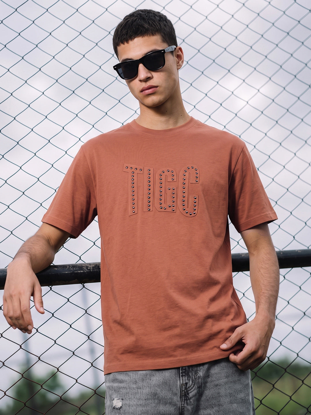 Men's Rust Relaxed Fit Textured Casual T-Shirt