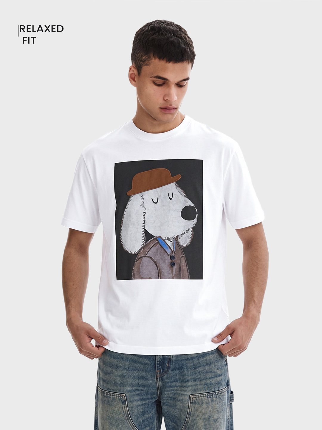 Men's White Relaxed Fit Printed Casual T-Shirt