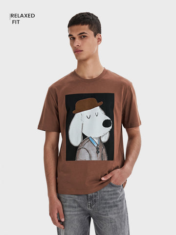 Men's Brown Relaxed Fit Printed Casual T-Shirt