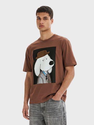 Men's Brown Relaxed Fit Printed Casual T-Shirt