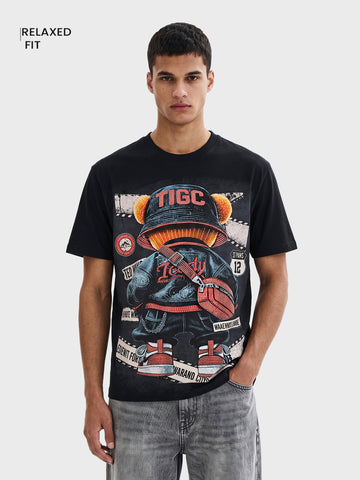 Men's Black Relaxed Fit Printed Casual T-Shirt