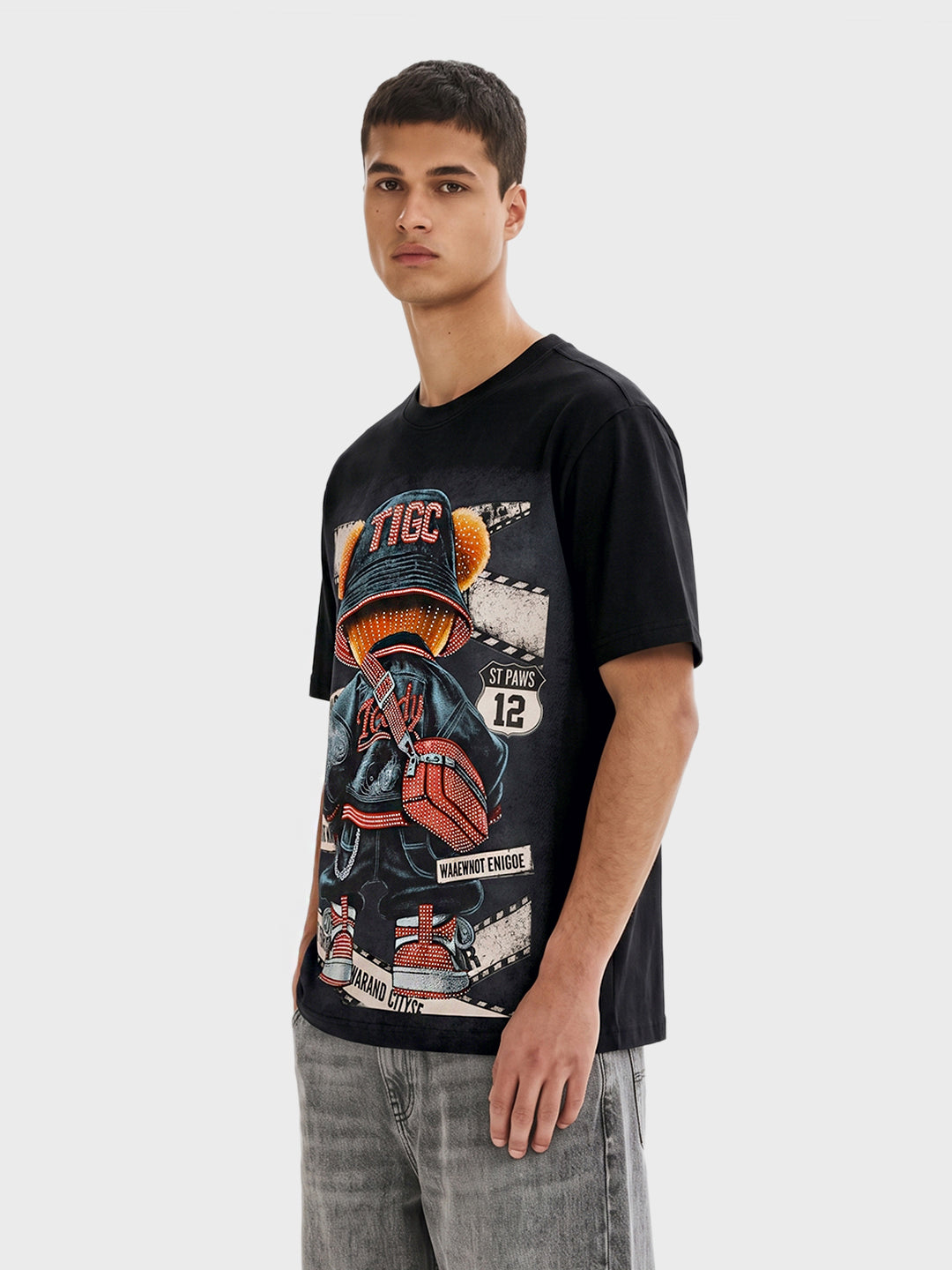 Men's Black Relaxed Fit Printed Casual T-Shirt