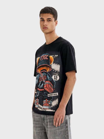 Men's Black Relaxed Fit Printed Casual T-Shirt