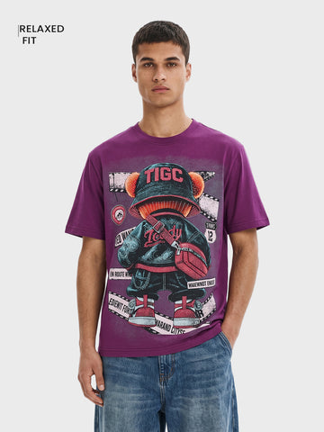 Men's Purple Relaxed Fit Printed Casual T-Shirt