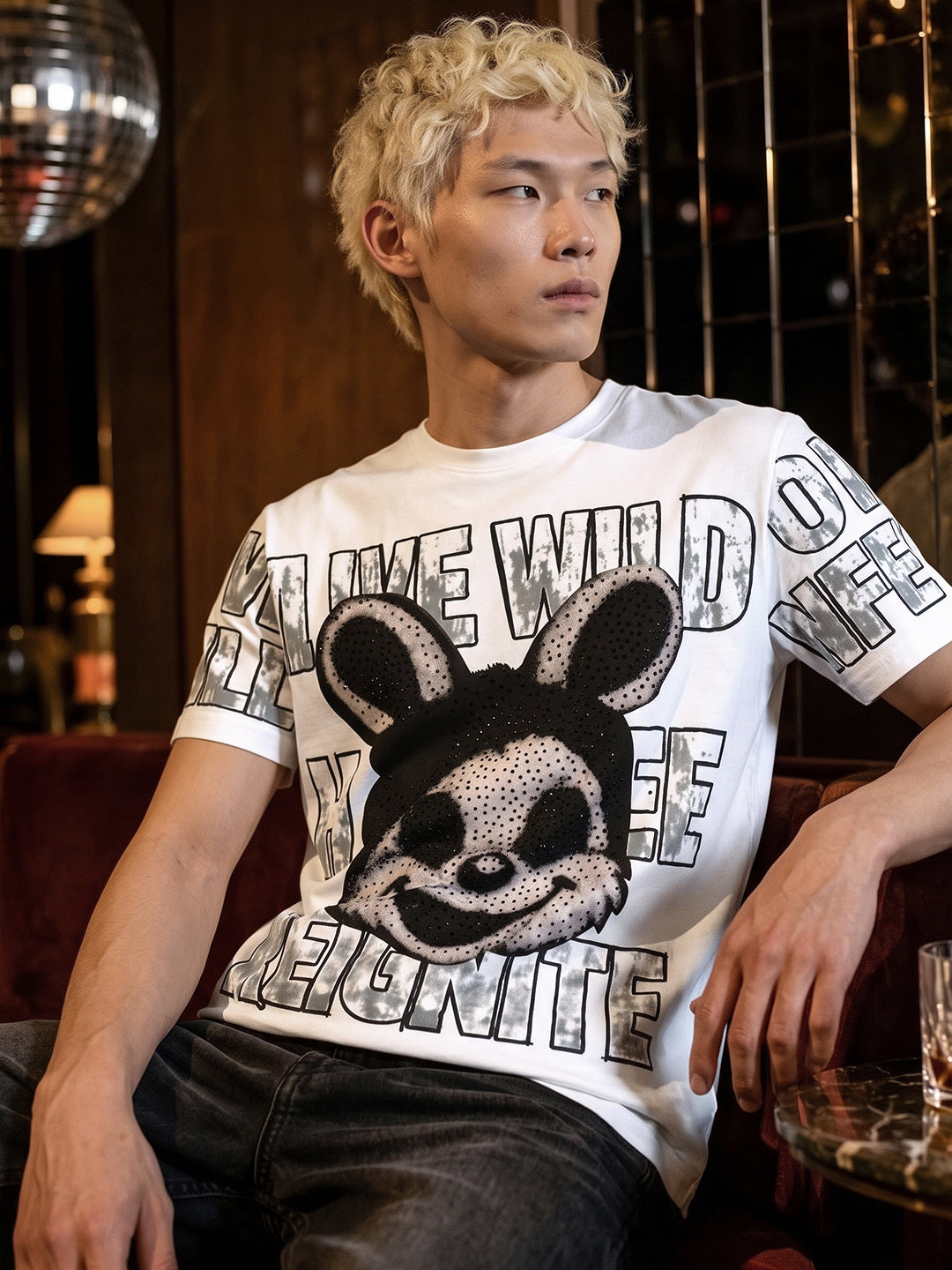 Men's White Relaxed Fit Graphic Printed Street Wear T-Shirt