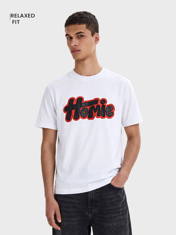 Men's White Relaxed Fit Printed Casual T-Shirt