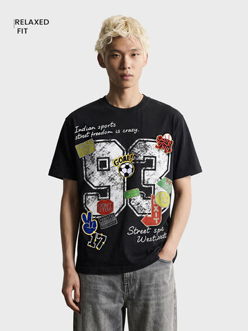 Men's Black Relaxed Fit Printed Casual T-Shirt
