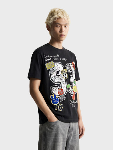 Men's Black Relaxed Fit Printed Casual T-Shirt