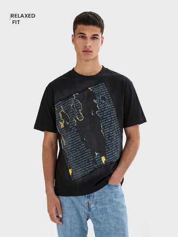 Men's Black Relaxed Fit Printed Casual T-Shirt