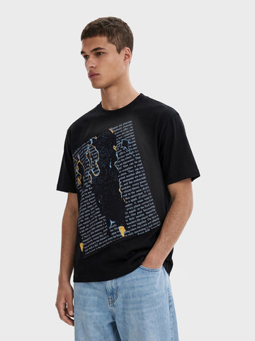 Men's Black Relaxed Fit Printed Casual T-Shirt