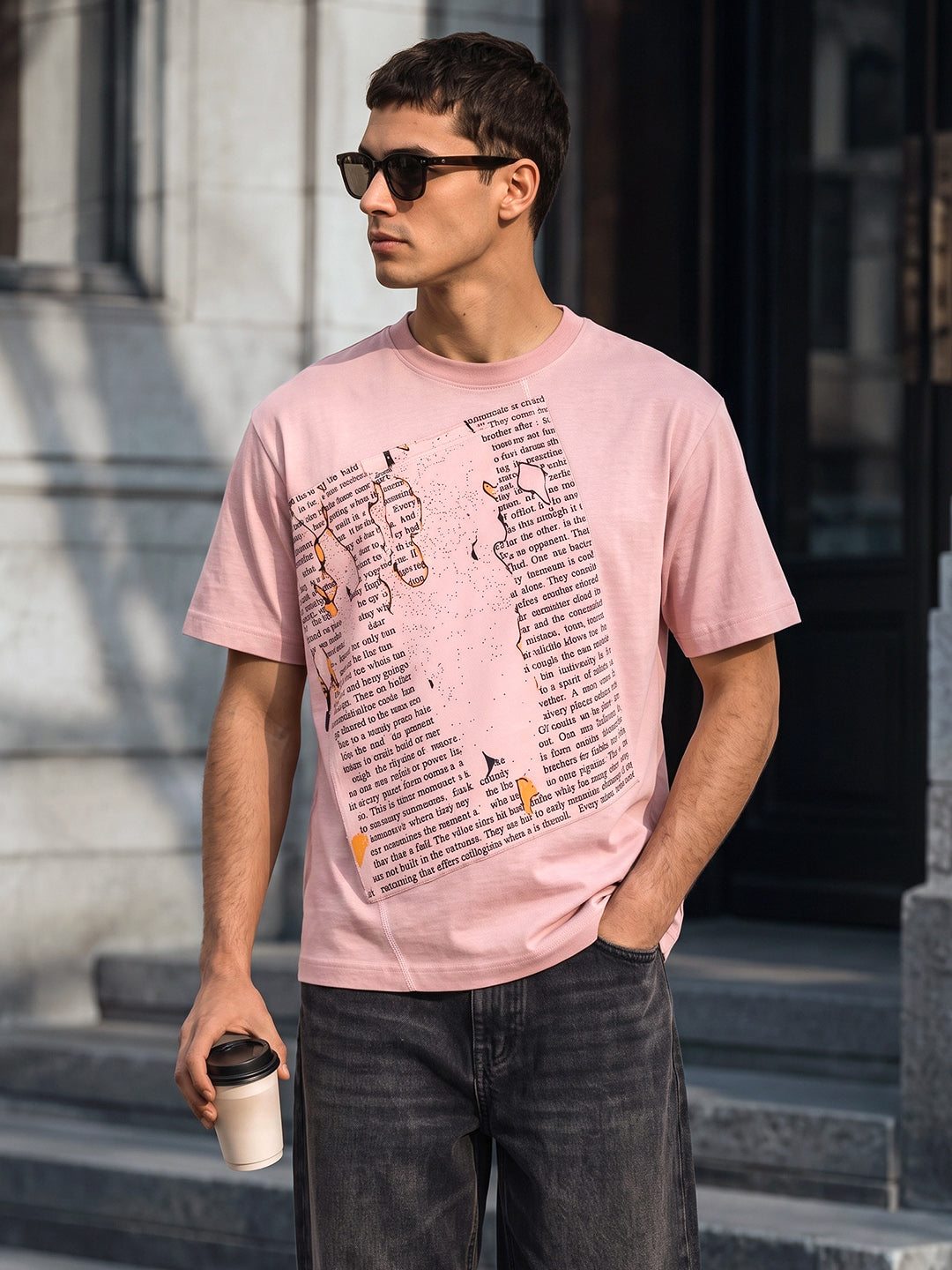 Men's Beige Relaxed Fit Printed Casual T-Shirt