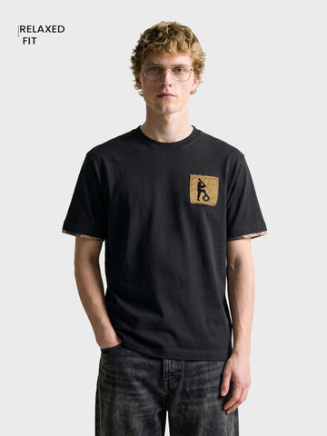 Men's Black Relaxed Fit Embroidered Casual T-Shirt