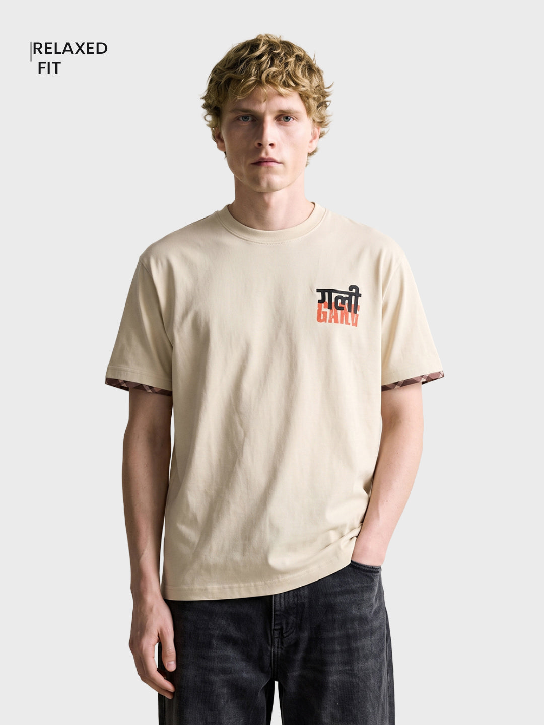 Men's Beige Relaxed Fit Printed Casual T-Shirt