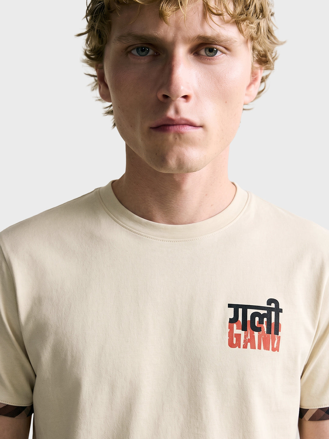 Men's Beige Relaxed Fit Printed Casual T-Shirt