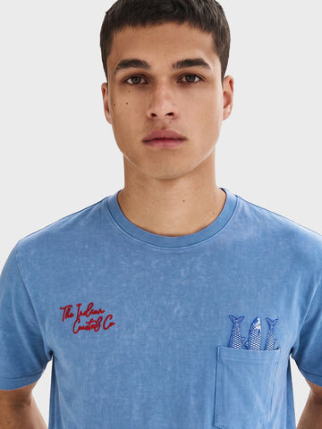 Men's Blue Relaxed Fit Embroidered Casual T-Shirt