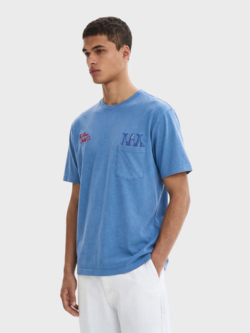 Men's Blue Relaxed Fit Embroidered Casual T-Shirt