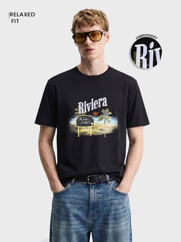 Men's Black Relaxed Fit Grafic Printed Casual T-Shirt