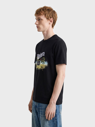 Men's Black Relaxed Fit Grafic Printed Casual T-Shirt