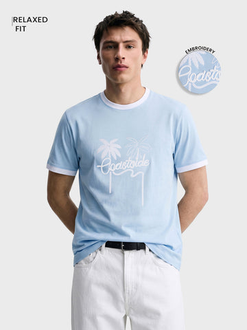Men's Blue Relaxed Fit Embroidered Casual T-Shirt