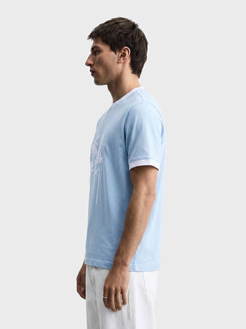Men's Blue Relaxed Fit Embroidered Casual T-Shirt