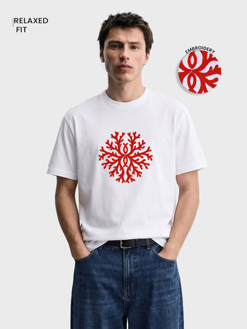 Men's White Relaxed Fit Embroidered Casual T-Shirt
